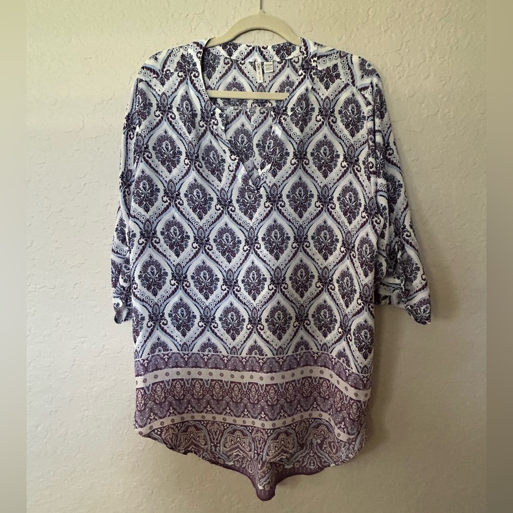 Cato blue, white and purple Boxy Tunic with Mandarin Collar
